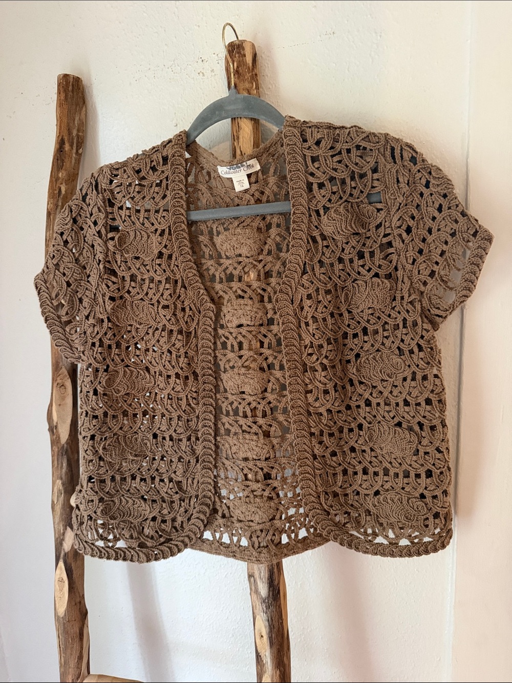 Coldwater Creek Tan Brown Cotton Crochet Openwork Short-Sleeve Cardigan Bolero L